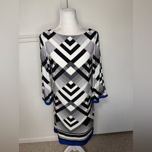 Eliza J Geometric Black and White Dress with Blue Accent size 8